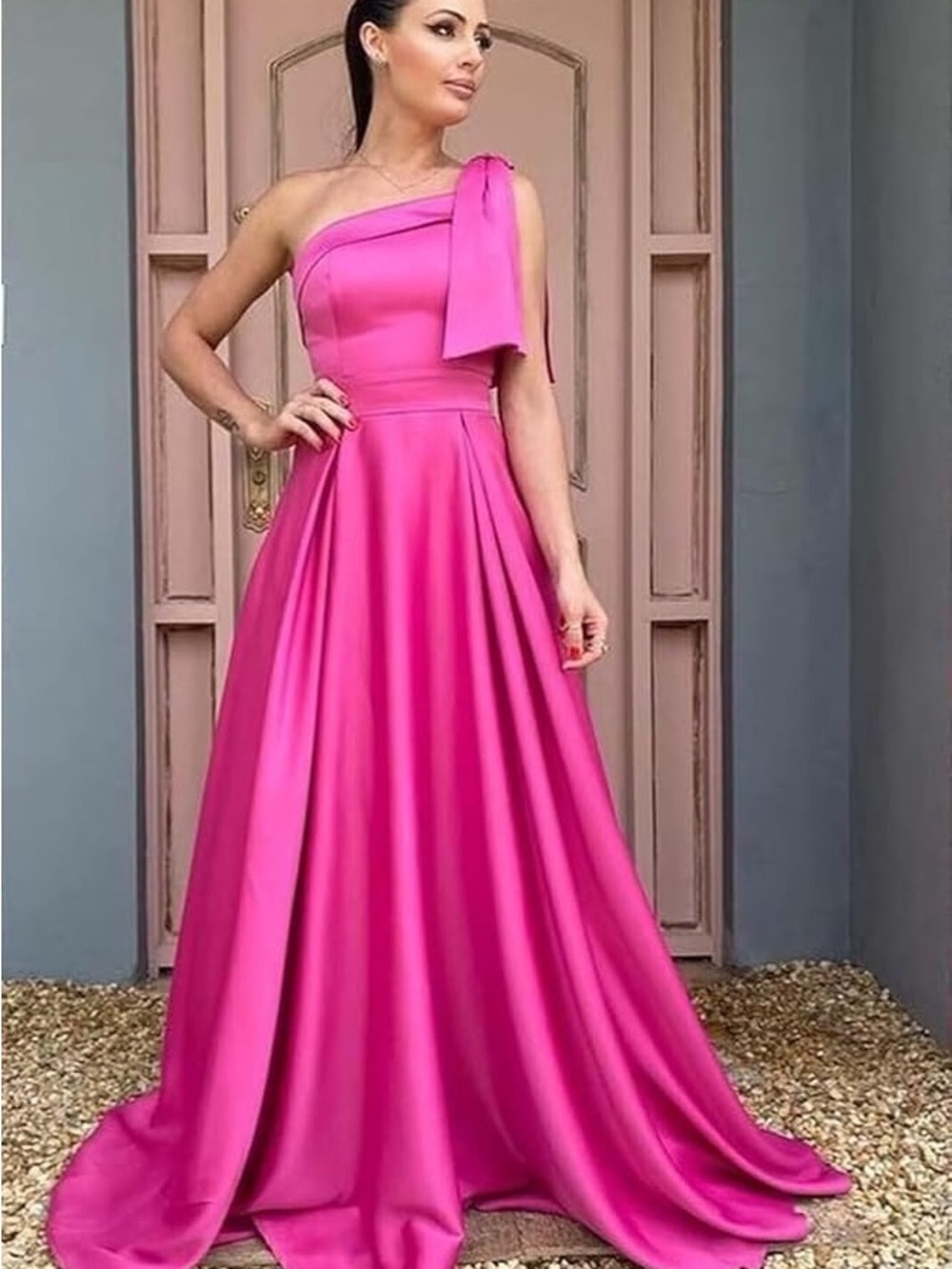Amazon Fuchsia One-Shoulder Satin Evening Gown